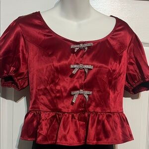 Red Satin Peplum Top with Rhinestone Bows Size L